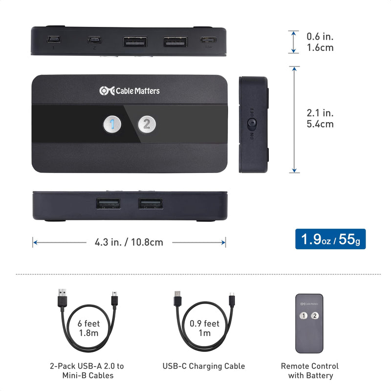 Cable Matters USB 2.0 Switch Hub USB Sharing Switch for 2 Computers and 4 USBA Peripherals - Button or Wireless Remote Control Swapping
