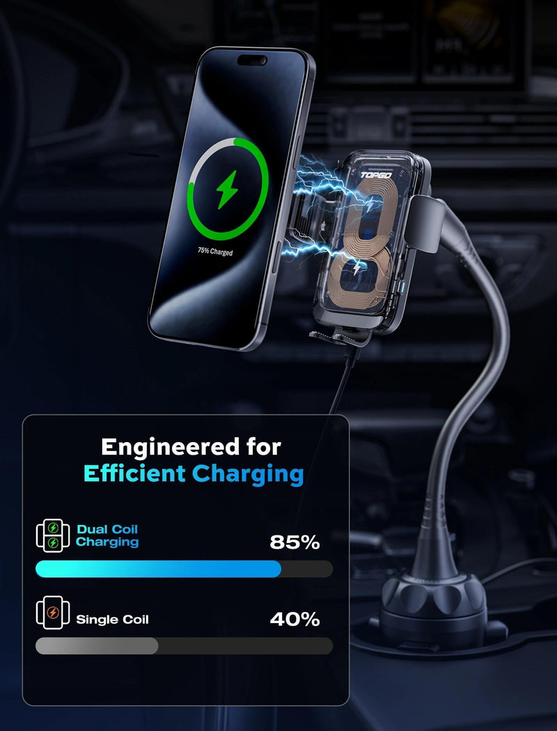 Dual Coil Cup Phone Mount Wireless Charger, Universal Cell Phone Holder, Cup Holder 15W Fast Charging for iPhone 17 16 Pro Max, Samsung Galaxy - Black Wireless Charger Mount