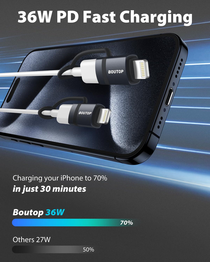 BOUTOP [MFi Certified] 36W USB C to Lightning Adapter (2 Pack) - Support PD Fast Charging/Data Sync, with Anti-Lost Silicone Holder for iPhone iPad AirPods, Reduces Cable Clutter