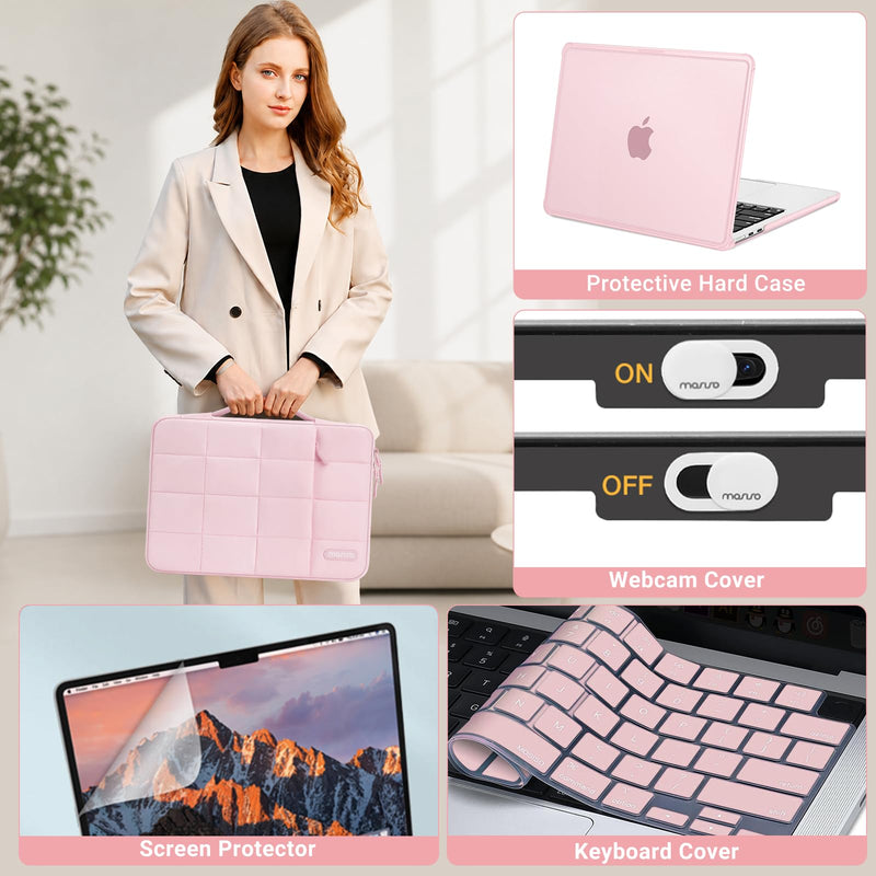 MOSISO Compatible with MacBook Air 13 inch Case M5 M4 M3 M2 2026-2022 | Reinforced Hard Shell&Puffy Bag&Keyboard/Webcam Cover&Screen Film for Mac Air 13.6, A3449 A3240 A3113 A2681, Pink