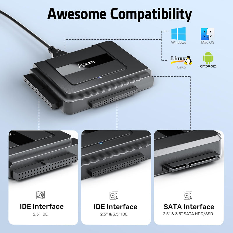 SATA to USB 3.0 Adapter - External Hard Drive Reader Recovery Converter for Universal 2.5" 3.5" HDD SSD Optical Drive, 2.5/3.5 Inch SATA IDE Hard Drive Adapter Transfer Kit Included Power 12V 2A USB A & USB C