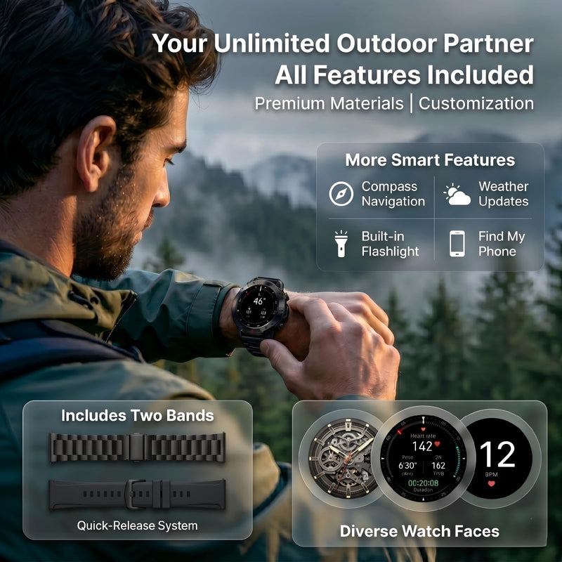 WalkerFit Rugged Smart Watch for Men, 1.43" AMOLED 5ATM Waterproof, 2 Bands | Bluetooth Calling, Fitness Tracker, 15-Day Battery, 178+ Sports Modes, Heart Rate, Sleep & SpO2 Monitor, For Android & iPhone Black