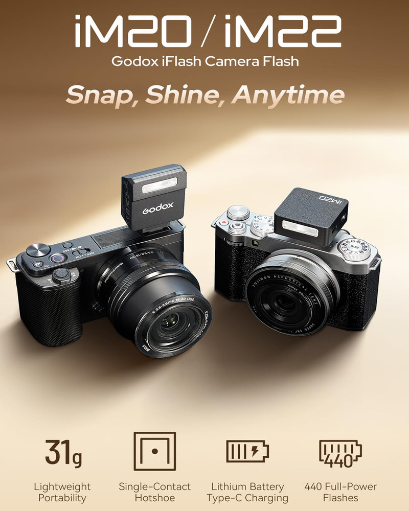 Godox iM20 iFlash Camera Flash and Lightweight Portability Single-Contact Hotshoe Lithium Battery Type-C Charging 440 Full-Power Flashes