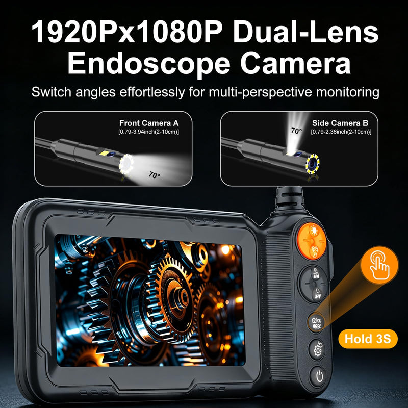 Endoscope Camera with Light, Dual Lens Borescope, 5" IPS 1920P HD Inspection Camera Industrial Endoscope, 16.5FT Semi-Rigid Cable, IP67 Waterproof Endoscope Tools for Auto, Sewer, Pipe,Mechanic