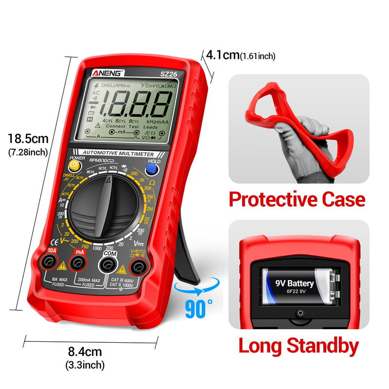 ANENG SZ26 Multimeter,Digital Automotive Engine Analyzer with 500-10000RPM Tach,Dwell Angle,Duty Cycle,DC Current,AC/DC Voltage,Amp,Ohm,Large LCD,Data Hold,Versatile Tester for Car Diagnostics SZ26 Automotive Multimeter