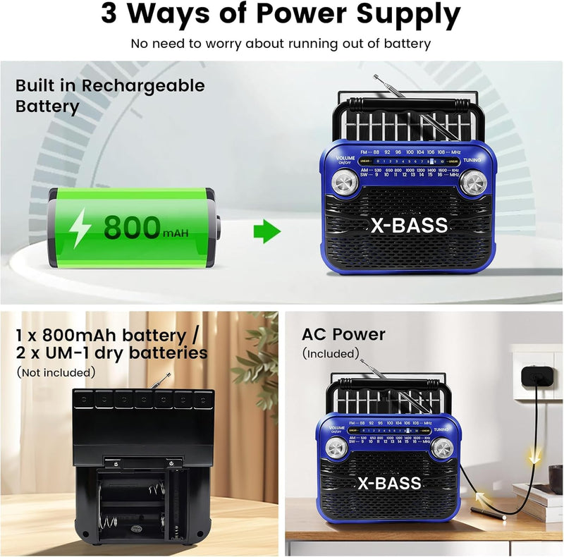 Xbass Stereo Sound Radios Portable AM FM SW Solar Bluetooth Radio with Emergency Flashlight Support USB/TF Player,D Battery Operated/USB Charge,Digital Tuner & Earphone Jack for Outdoor/Indoor/Home