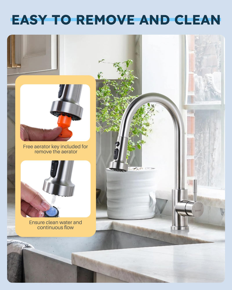 Stainless Steel Kitchen Faucet Head: ARCORA 3-Function Kitchen Faucet Head Replacement with 13 Adapters - Brushed Nickel Pull Down Spray Head Compatible with Moen, Delta, American Standard Faucets Stainless Steel