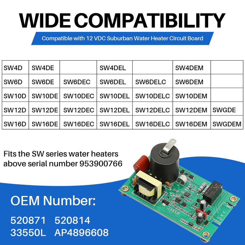 520814 RV Water Heater Ignition Control Module Board Replacement for Suburban RV Water Heater SW Series SW4D SW6D SW10D SW12D SW16D Water Heaters, 12 VDC, with Lid, Replace 520871