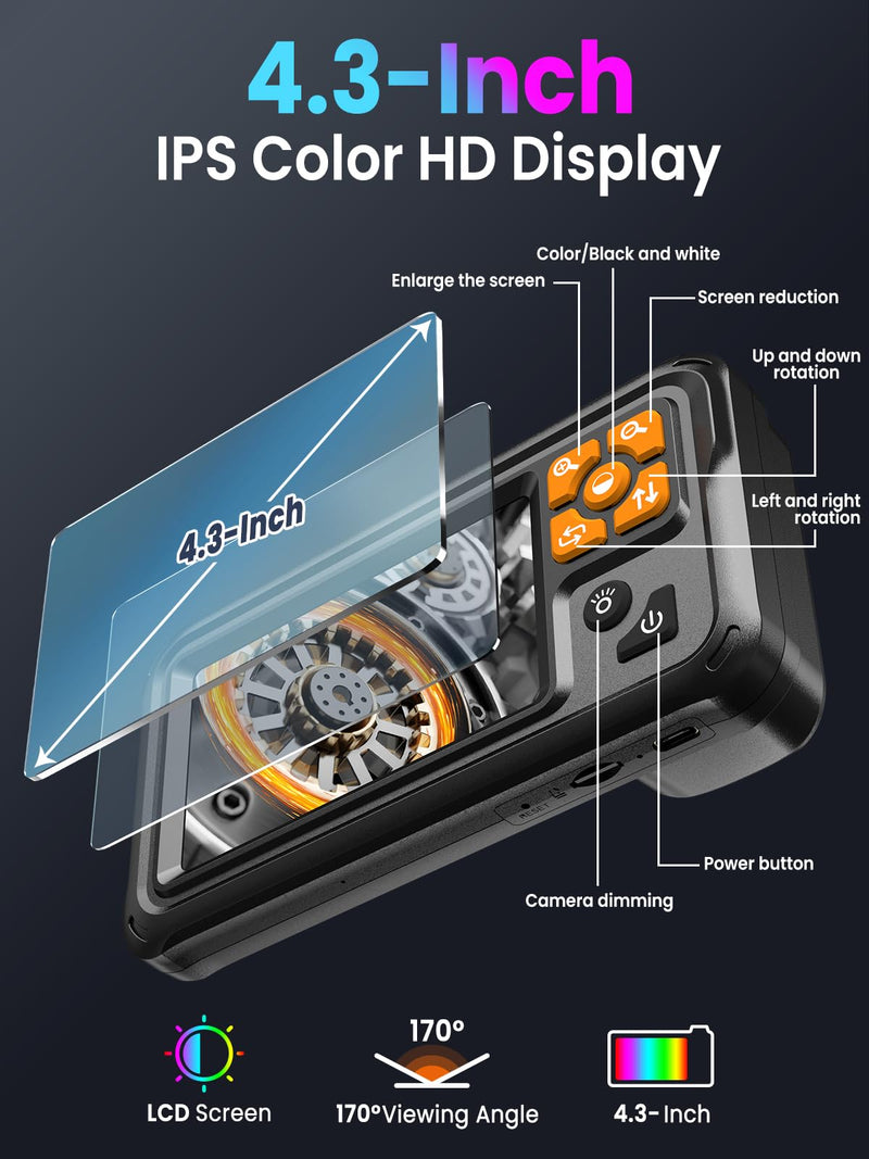 Endoscope Camera with Light, 4.3" IPS Screen 1080P Borescope with 8 LED Lights, 16.5 FT Semi-Rigid Cable Snake Camera, IP67 Waterproof Sewer Inspection Men Tool Single Lens P100-Single lens