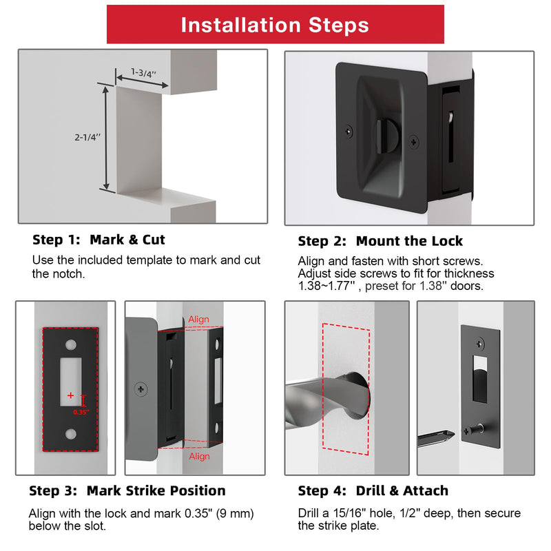 Matte Black Pocket Door Lock, 2-Pack Privacy Pocket Door Hardware, Pocket Door Handles, Pocket Door Lock Latch with Pull, 2-3/4’’x2-1/2’’, for 1.38’’-1.77’’ Thickness Door