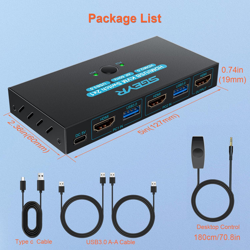 SGEYR USB 3.0 HDMI KVM Switch 1 Monitors 2 Computers,KVM Switch 2 Port HDMI 4K@60HzKVM Switches for 2 Computers Sharing Monitor Keyboard Mouse Hard Drives Printer, 2USB Cable and Controller