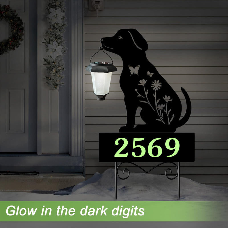 Solar House Numbers for Outside,YY Gardenia Metal Dog Address Signs for Houses with Glow in the Dark,Outdoor Decorative for Garden,Lawn,Patio,Pathway Black