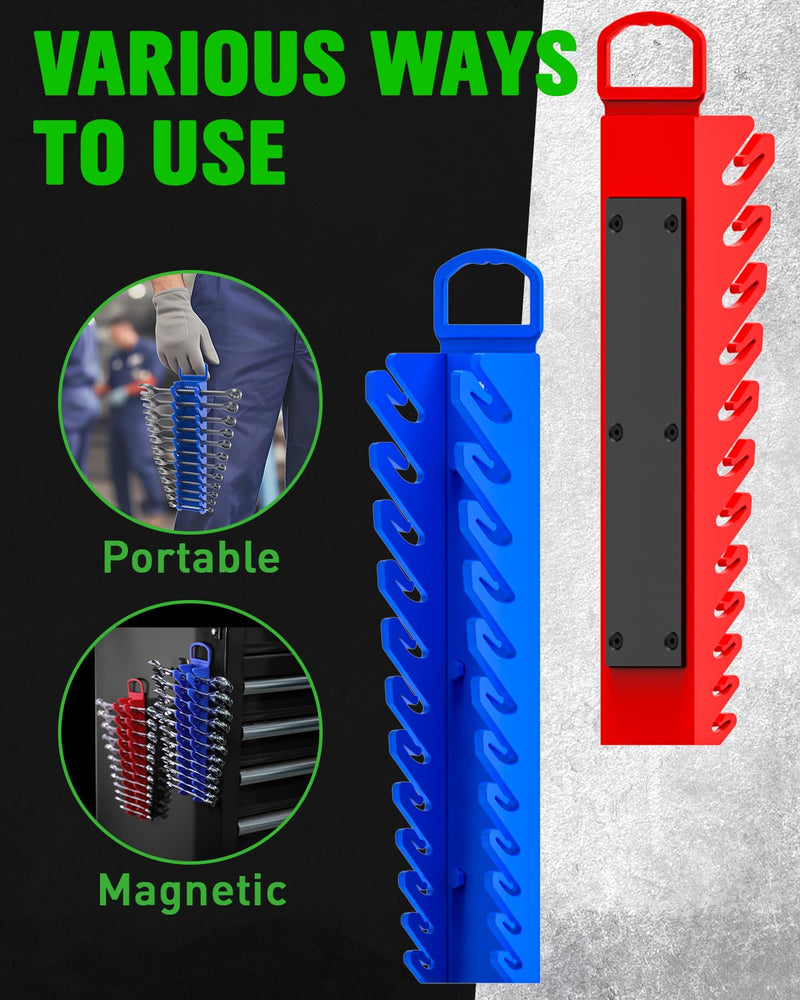 SWANLAKE 2-Piece Magnetic Wrench Organizer Toolbox Holder, SAE (1/4'' to 15/16''), Metric (6mm to 24mm) Ratchet Wrench Organizers, Total Hold 24 Slots Wrenches Holder for Tool Box 2PCS-24 Slots