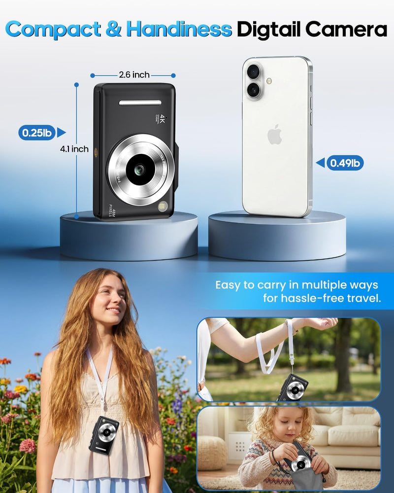 Digital Camera 4K for Kids-48MP Autofocus Vlogging Camera with 32GB Card, 16X Zoom, Anti-Shake, Compact Point and Shoot Camera for Teens Beginners, Birthday Gift Black