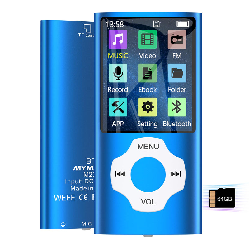 MYMAHDI 64GB MP3 Player with Bluetooth 5.2, LCD Screen Music Player Up to 128GB,MP3 Player for kids with Music,Video,Voice Record,FM Radio,E-Book Reader,Photo Viewer,Blue Blue