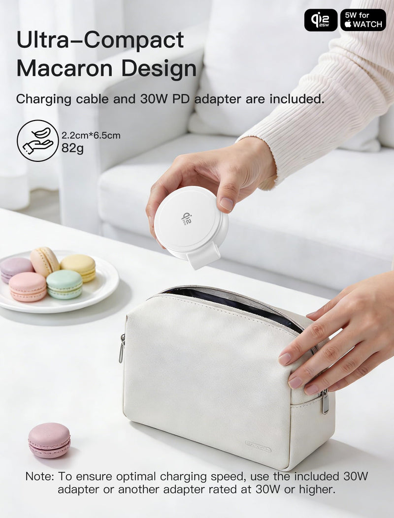 2 in 1 Magnetic Wireless Charger, Qi2 25W Fast Charging Travel Station Pad Compatible with MagSafe for iPhone Air/17/16/15/14/13/12, 5W for Apple Watch, AirPods 4/3/2/Pro with 30W Adapter (White) White