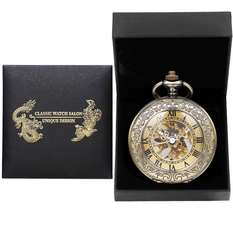 Mechanical Pocket Watch, for Men Women Special Magnifier Half Hunter Engraved Case Roman Numerals with Chain Aa. Bronze Black
