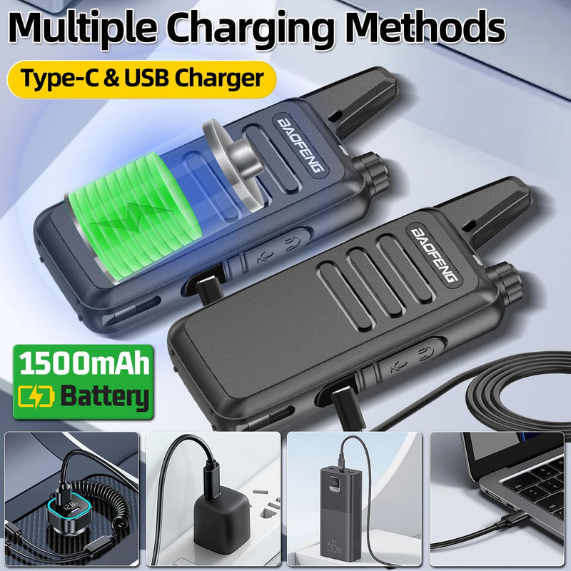 Walkie Talkies for Adults Long Range Rechargeable Walkie Talkies UHF Two Way Radios with Earpieces,1500mAh Battery Walky Talky Noise Reduction VOX USB-C Charger for Camping Hiking,2 Pack