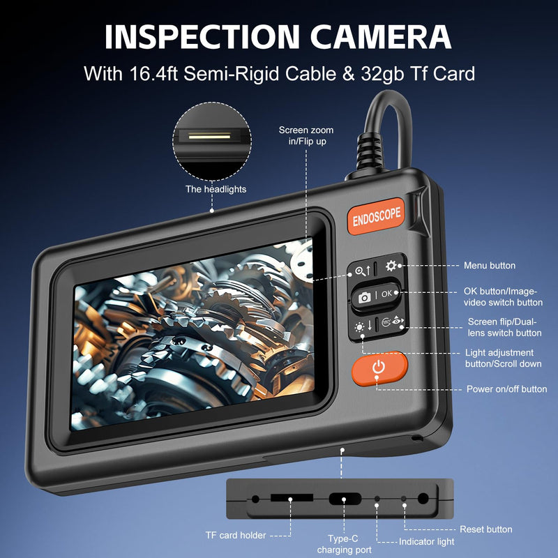 Dual Lens Endoscope Camera with Light, 1920P HD Borescope Camera with 4.3" LCD, 8 Adjustable LEDs, 16.4FT Semi-Rigid Cable & 32GB Card-IP67 Waterproof Inspection Borescope for Sewer/Drain/Pipe(Black) Black