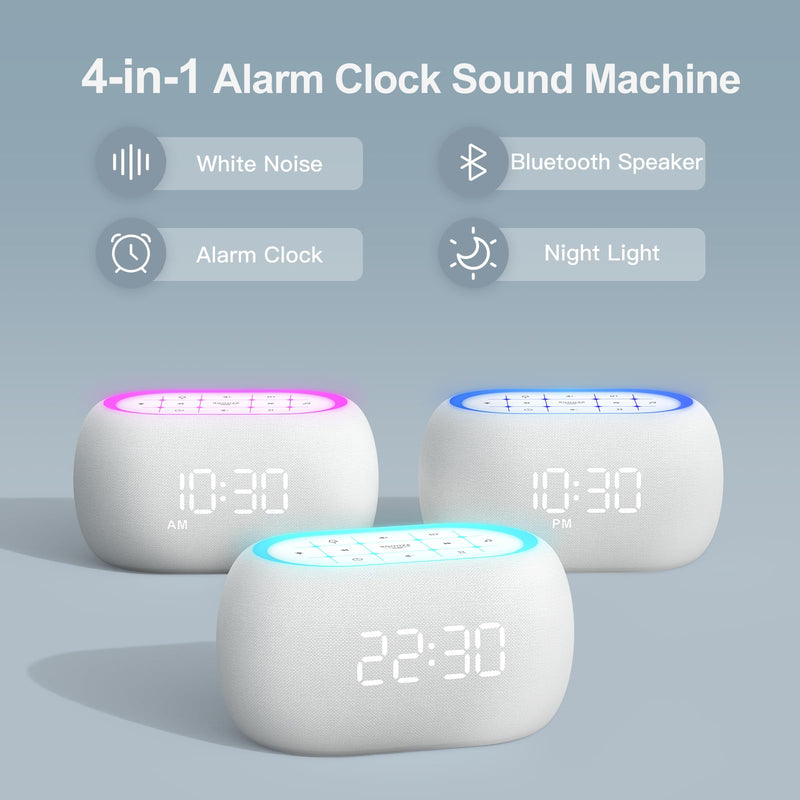 ANJANK White Noise Sound Machine Alarm Clock with Hi-Fi Bluetooth Speaker, 21 Soothing Sounds/7 Night Lights, 0-100% Dimmer/Sleep Timer/Volume Control, Soother for Adults Kids Sleeping, Bedroom, White B-white