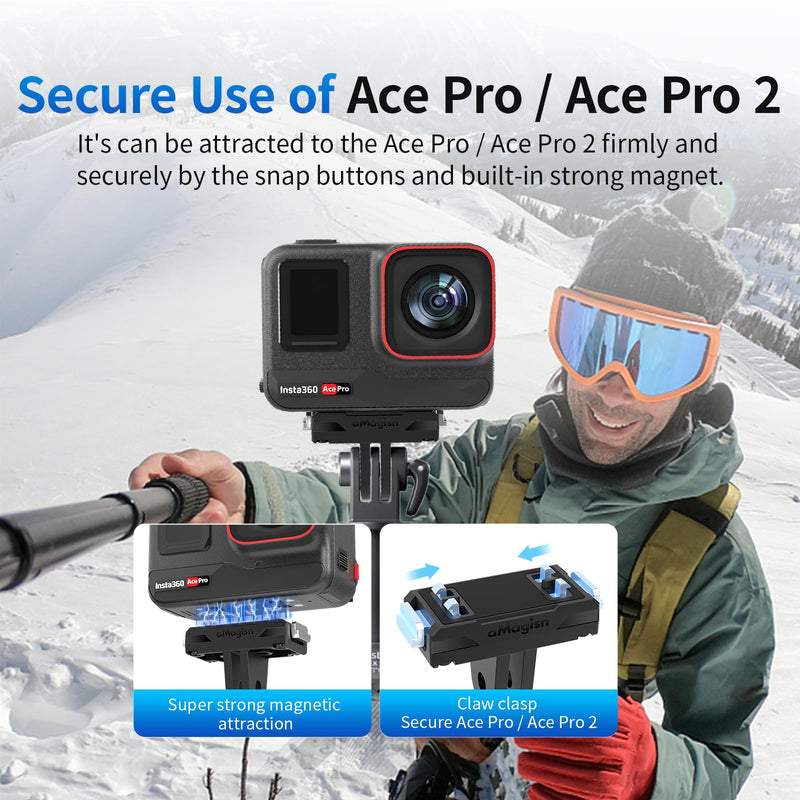 Magnetic Quick Release Mount for Insta 360 X6/X5/X4 Air/Ace Pro 2/Ace Pro/Ace, Anti-Vibration Silicone Pad for Cycling Skiing Vlog, Stainless Steel Bracket with 2 Prong & 1/4"