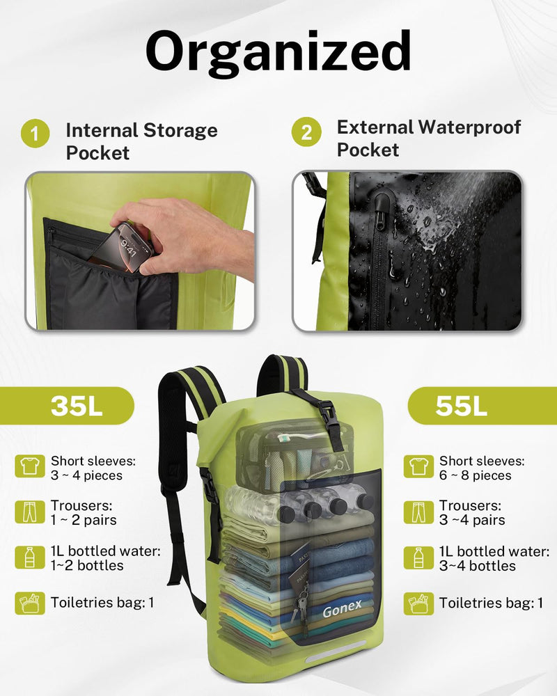 Gonex Waterproof Ultralight TPU Backpack 35L Roll Top Dry Bag, Kayaking | Back Padding, Camping, Fishing, Travel, Adjustable Straps, External & Internal Storage Pockets, Green