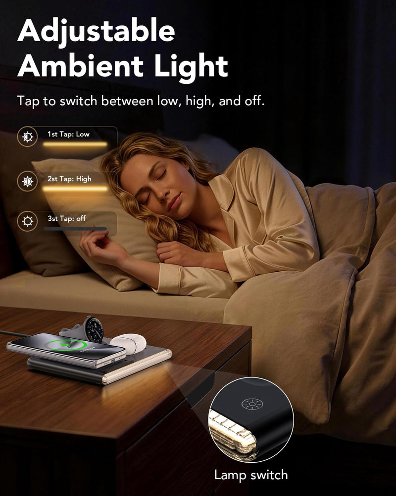 3 in 1 Wireless Charging Station with Night Light for Google Pixel Watch 4 | Google Wireless Charger for Pixel 10, Night Light Charging Dock, Travel Pixel Phone Charger Stand(Only for Google Watch 4) Black