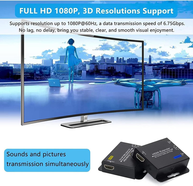 200ft HDMI Extender Over CAT6 CAT7 RJ45 Ethernet to HDMI Converter LAN Extension POC Support 1080P 3D EDID Copy Deep Color Compatible with PC PS4 Roku Unilateral Power Supply gray