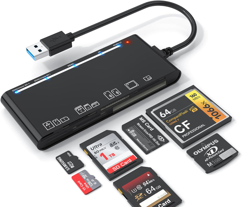 USB 3.0 Multi Card Reader for SD/Micro SD/TF/XD/CF/MS - 7-in-1 Memory Card Reader/Adapter for Windows, Mac, Linux - Black