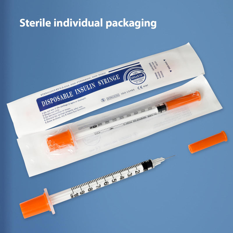 100 Pack U-100 Syringes with Needle, 1ml 30G 5/16" 8mm Syringe, Individually Sealed Packaging 1ml 30G 5/16 inch 100 Pack