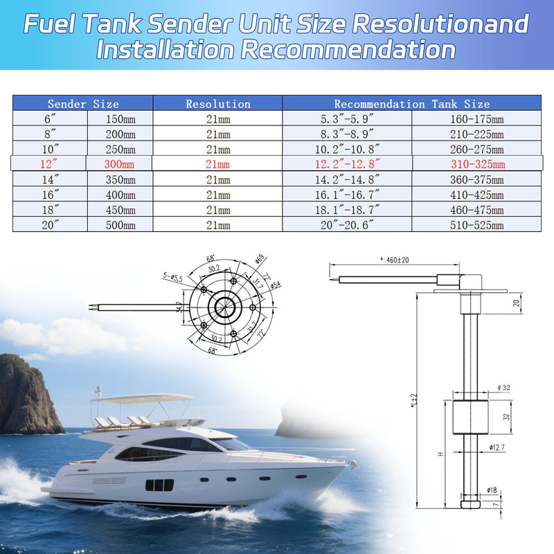 Fuel Sending Unit 0-190 ohms 12"(300mm) Stainless Steel Gas Tank Sensor for Boat Truck RV Car Universal Fuel Level Sender Marine-Grade Corrosion Resistant Water Level Sending Unit 12"(300mm) 0-190 ohms Sender