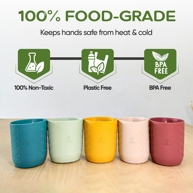Silicone Mason Jar Sleeves | Anti-Slip Protectors for 8 oz Regular Mouth Ball & Kerr Jelly Canning Jars | Kids Cup Holders with Measurement Markings | Dishwasher Safe Jar Jackets - 5 Pack Gender Neutral Combo