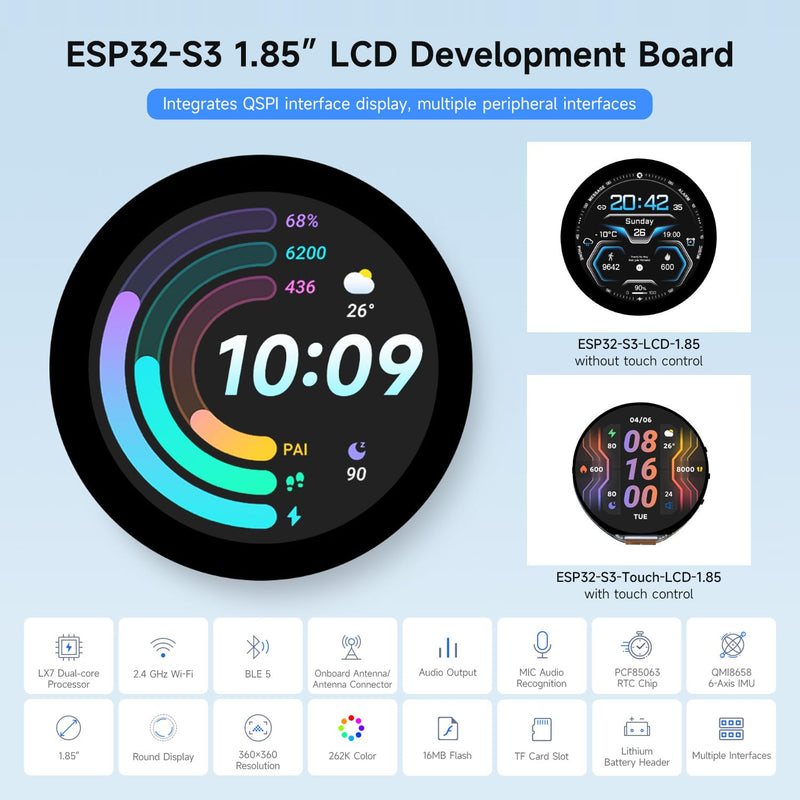 Waveshare ESP32-S3 1.85inch Round Display Development Board 360×360, 32-Bit LX7 Dual-Core Processor, Up to 240MHz Frequency, Supports Wi-Fi & BLE 5, Accelerometer and Gyroscope Sensor, with Touch