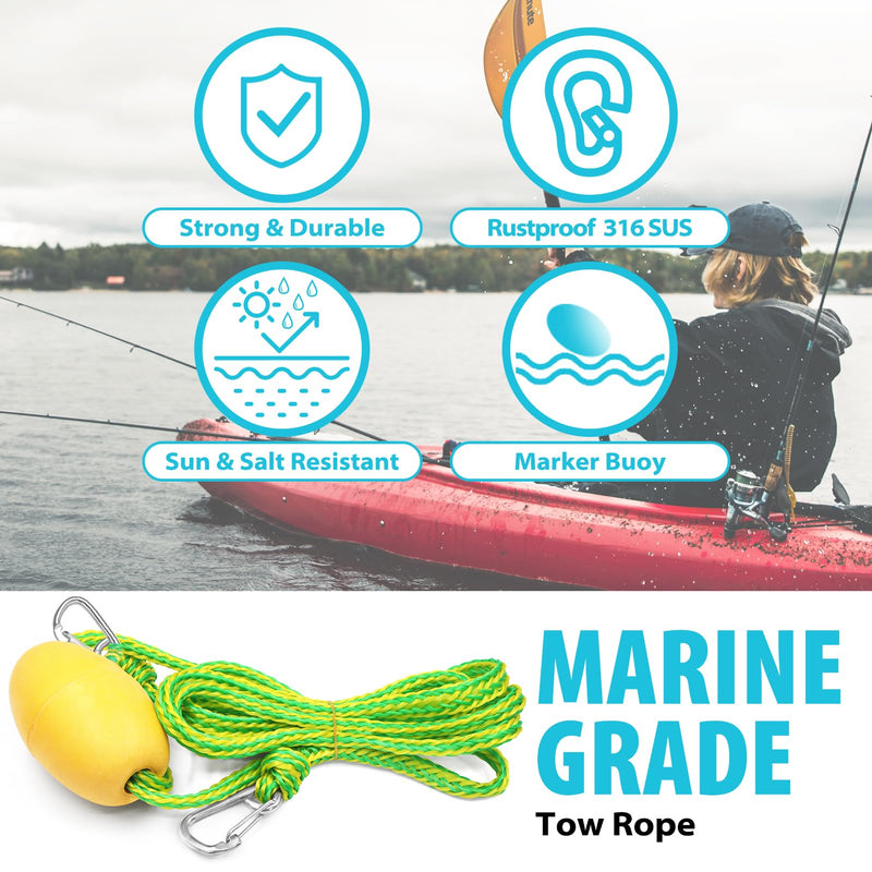 Obcursco Kayak Tow Line,Drift Sock Anchor Rope for Fishing Boat,Buoy Float Docks for Lake Jet Ski Boat Accessories (12-20FT) Yellow/Green 12ft