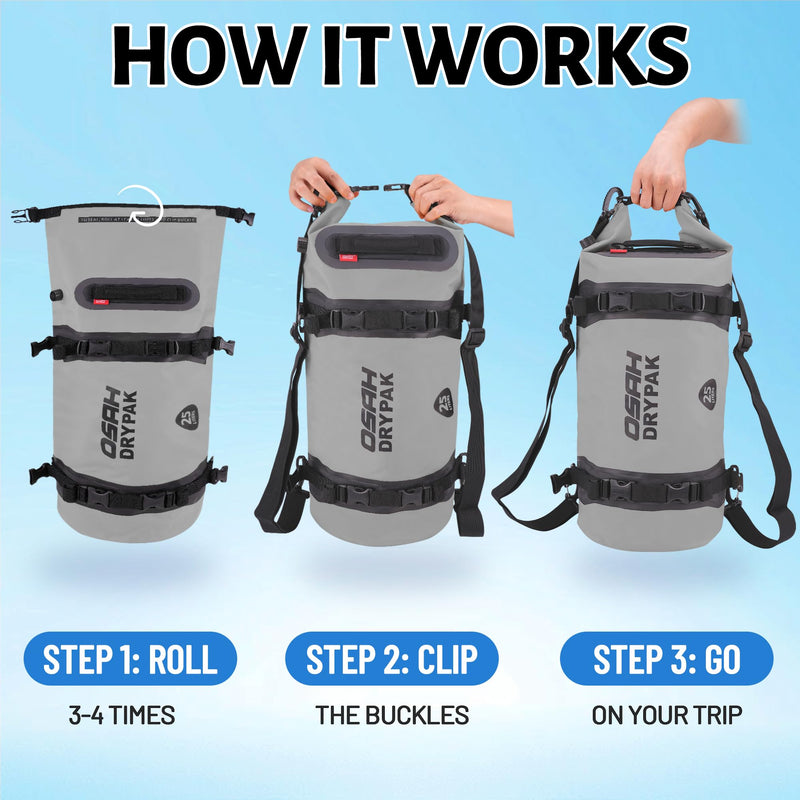 OSAH DRYPAK 25L Waterproof Dry Bag - Motorcycle Luggage Tail Bag with Straps for Back Seat, Roll Top Lightweight Waterproof Backpack Sack for Travel, Swimming, Boating, Kayaking, Camping and Beach Grey