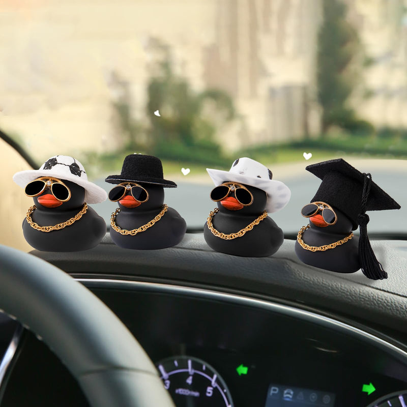 wonuu Car Dashboard Rubber Duck Ornament, Car Decoration Colour Ducks Accessories with Mini Hat Necklace and Sunglasses, M-Black-Top Hat