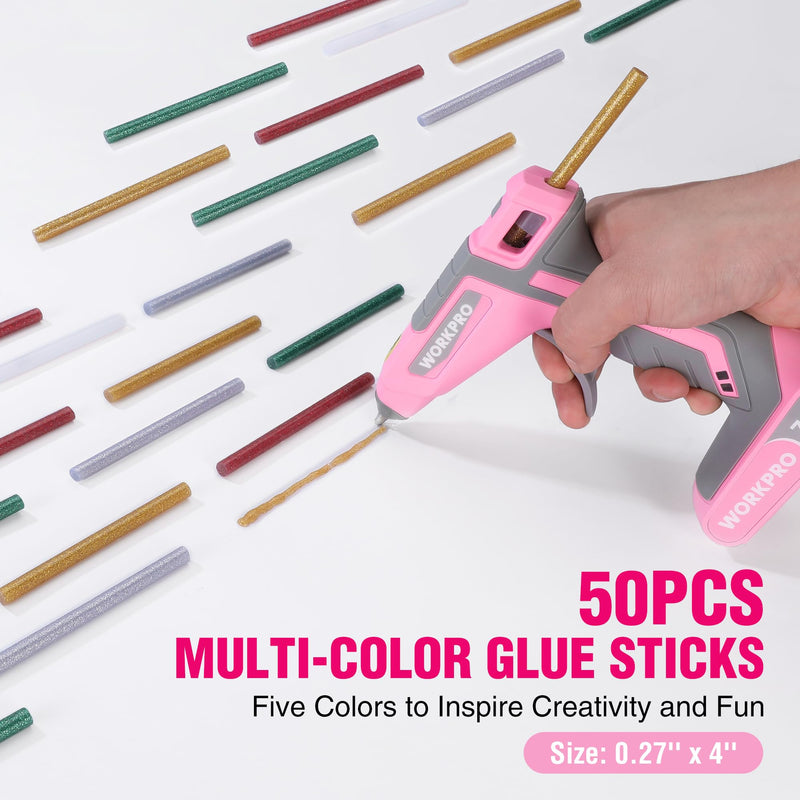 WORKPRO Cordless Hot Glue Gun, 30s Fast Preheating, 7.2V Dual-Temp Glue Gun Kit with 50pcs Glue Gun Sticks, Storage Bag, USB-C Charging Cord, 2600mAh Battery for DIY and Crafting Pink