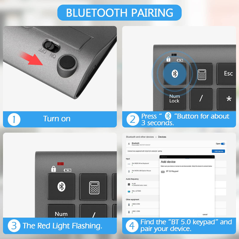 Foloda Wireless Bluetooth Number Pad: 22 Keys Wired Numeric Keypad, Rechargeable Financial Accounting 10 Keys Number Extensions USB-C Numpad for MacBook Pro Air, Laptop Desktop PC, Surface Pro Grey