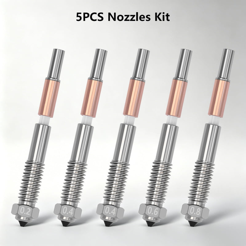 5PCS Bimetallic Quick-Swap Nozzle 0.2/0.4/0.6/0.8mm for QIDI Plus 4, Ceramic Throat Tube Copper Alloy Hardened Steel Integrated Nozzle High Temperature Resistant for QIDI Plus 4 3D Printer 5PCS Muilt Size Nozzle