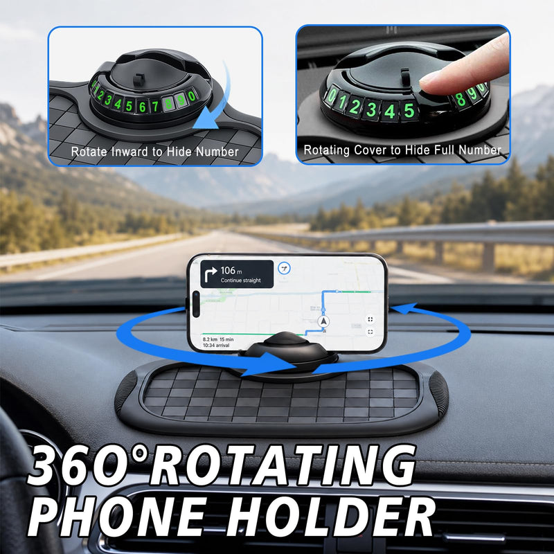 Multifunctional Car Anti Slip Mat, 360° Rotatable Phone Holder Dashboard Pad with Temporary Parking Number, Anti Skid Organizer for Phones Sunglasses Keys (Black & Gray) Black & Gray