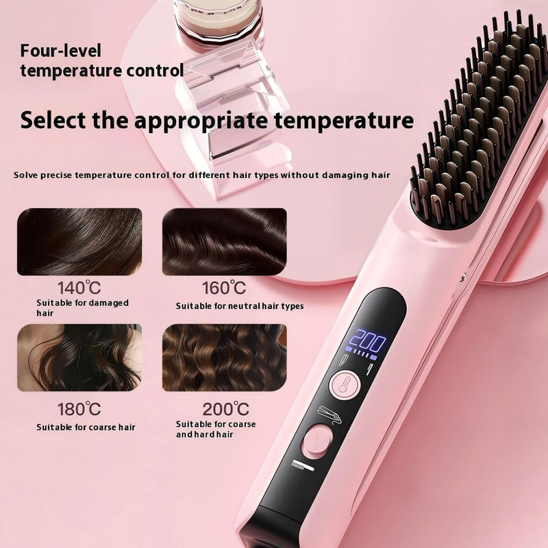  [AUSTRALIA] - Hair Straightening Brush, Cordless Tyre Straightening Brush | 2 in 1 Negative Ion Straightening Iron, Special Ionic Straightener Comb for Frizzy and Kinky Hair, Travel and Home (Black) Black