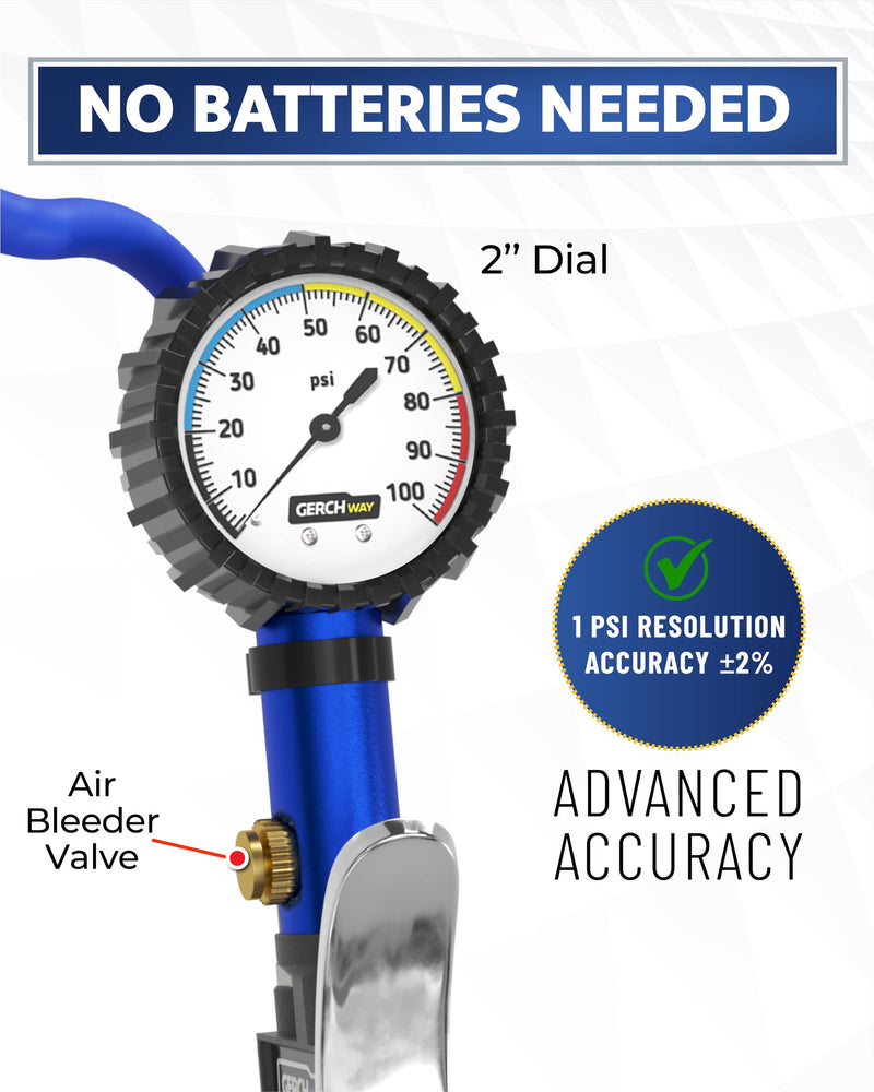 Tire Inflator with Pressure Gauge and Longer Hose - Most Accurate, Heavy Duty Air Chuck with Gauge for Air Compressor Tire Inflator Attachment - 100PSI 100 psi White Dial