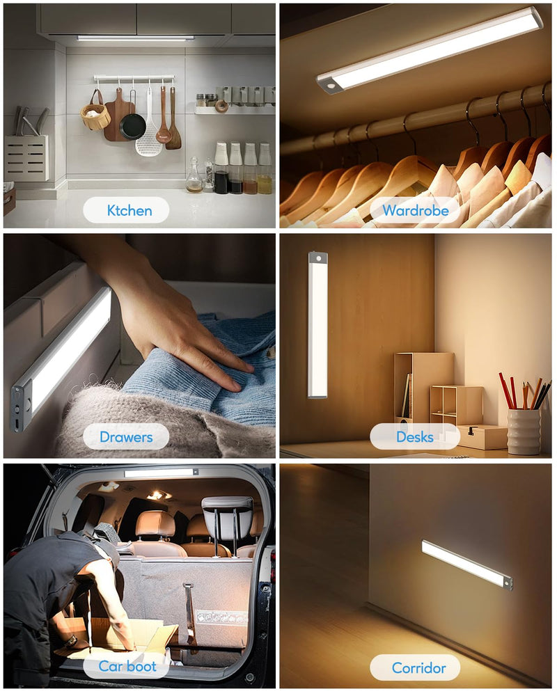 HIBOITEC 60 LED Under Cabinet Lighting 2 Packs, Stepless Dimming Motion Sensor Light Indoor, 3 Color Tempera Wireless Closet Lights, 2500mAh Rechargeable Battery Operated Light for Kitchen, Hallway 2 Pack 12.6inch-60LED