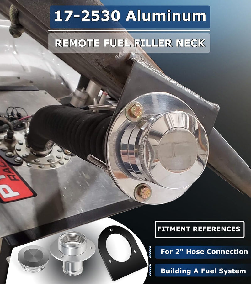 Camoo 17-2530 Remote Fuel Tank Filler Neck With Billet Aluminum Gas Cap & Weld-On Steel Mount Bracket For 2"" Hose Connection, Straight