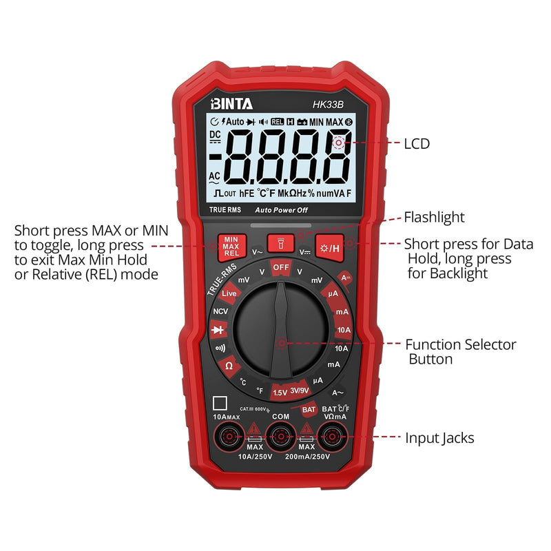 BINTA Digital Multimeter 2000 Counts with AC/DC Voltage, 1.5V/3V/9V Battery Tester Ohm Volt Amp Meter, Multimeter Tester with NCV, Temperature, Diode Measuring for Automotive Home Industrial