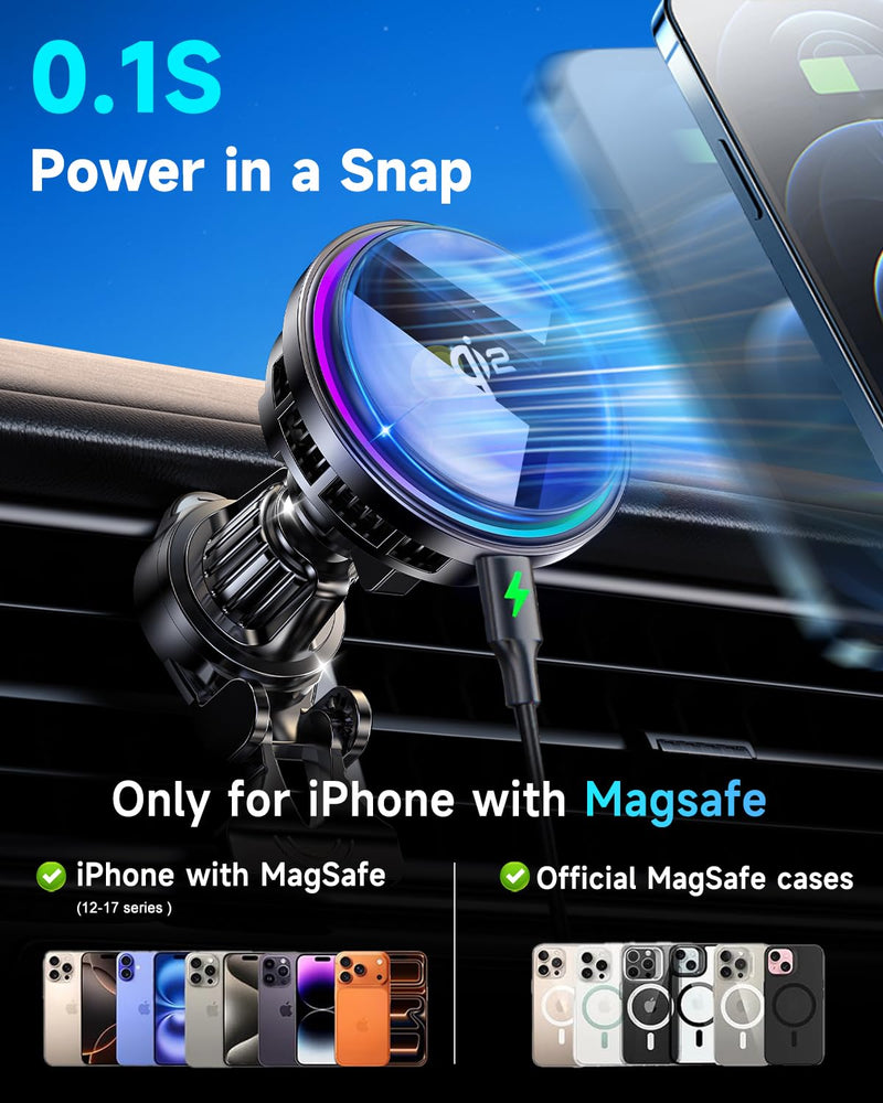 for Qi2 15W MagSafe Car Mount Charger RGB Light, Ice Cooling Magnetic Wireless Car Charger Phone Holder, Air Vent Fast Charging for iPhone 17 16 15 14 13 12 Pro Max Air, Galaxy S25, Car Accessories With Qi2 Cooling Charging