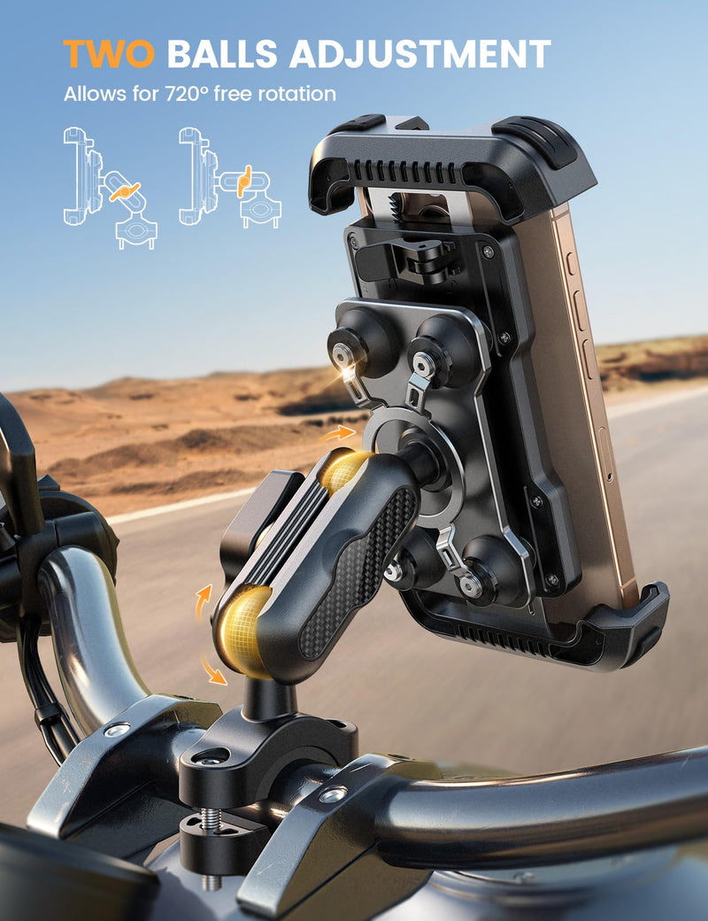 Lamicall Motorcycle Phone Mount Holder - [Metal Extension Arm] [Dual Vibration Dampener] Motorcycle Cell Phone Mount, Bike Bicycle Handlebar Phone Clamp, for iPhone 16/15/ 14 Pro Max, 4.7-6.7" Phones