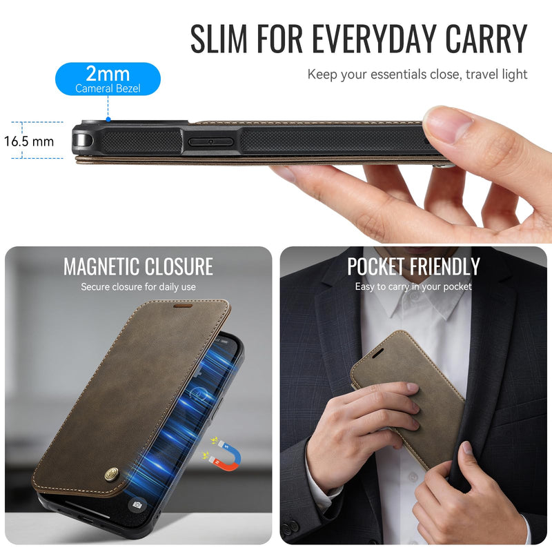 for iPhone 15 Pro Max Slim Wallet Case Wireless Charging, Brown | Compatible with Magsafe, RFID Blocking Card Holder, Magnetic Closure, Shockproof, PU Leather, Phone Flip Cover, for Men Women for iPhone 15 Pro Max