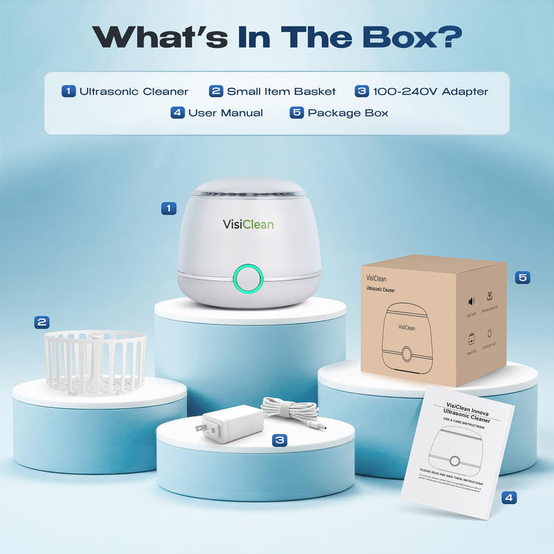 Ultrasonic Retainer Cleaner, 45k Hz Retainer Cleaner Machine, Aligner Cleaner, Nightguard Cleaner, Mouthguard Cleaner, Denture Cleaner - Ultrasonic Jewelry Cleaner - Heat Sensor - VisiClean Innova