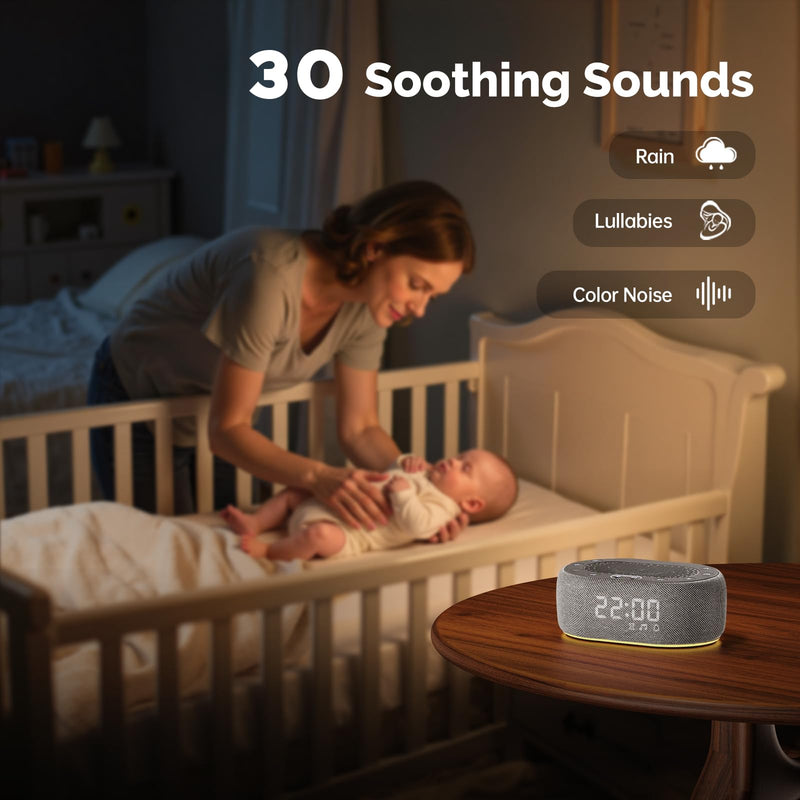 1Mii White Noise Sound Machine with Alarm Clock, Sound Machine for Sleep for Adults Baby, 30 Soothing Sounds, Smart App Controlled, Dimmable 7-Color Night Light, Sleeping Timer, 30 Volume Levels Grey